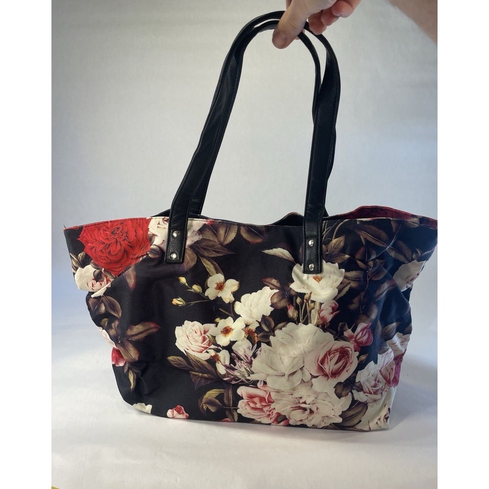 Lulu Dharma Black Floral Oversized Tote Bag Shoulder Carryall Travel Large
